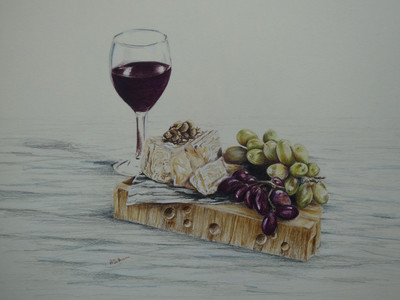 Angela, Lunch, Cheese and wine, coloured pencils.JPG